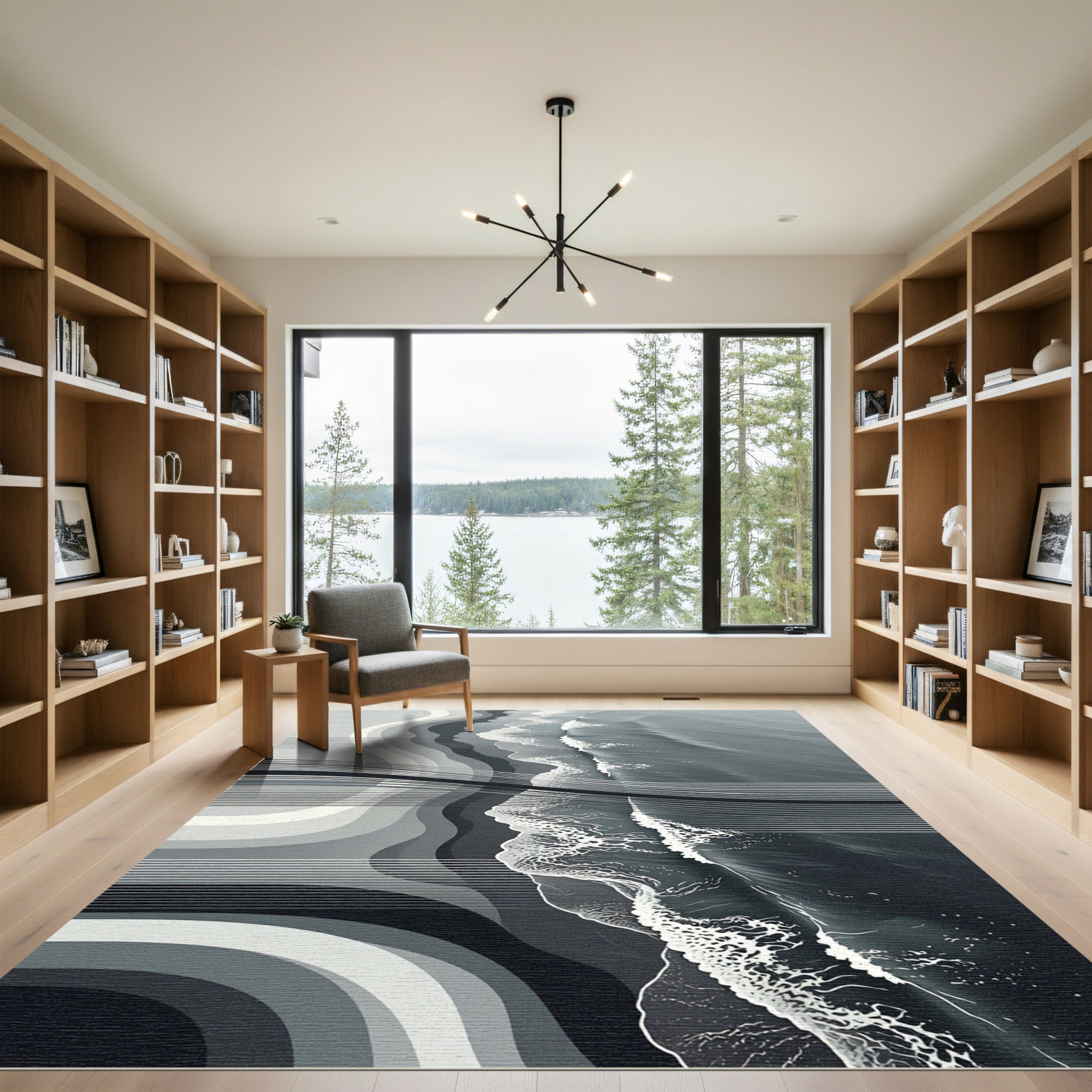 Minimalist Monochrome Abstract Ocean Wave Rug
