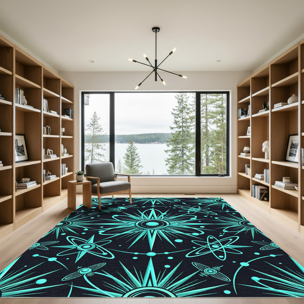 Retro Cyan Atomic Orbit Rug