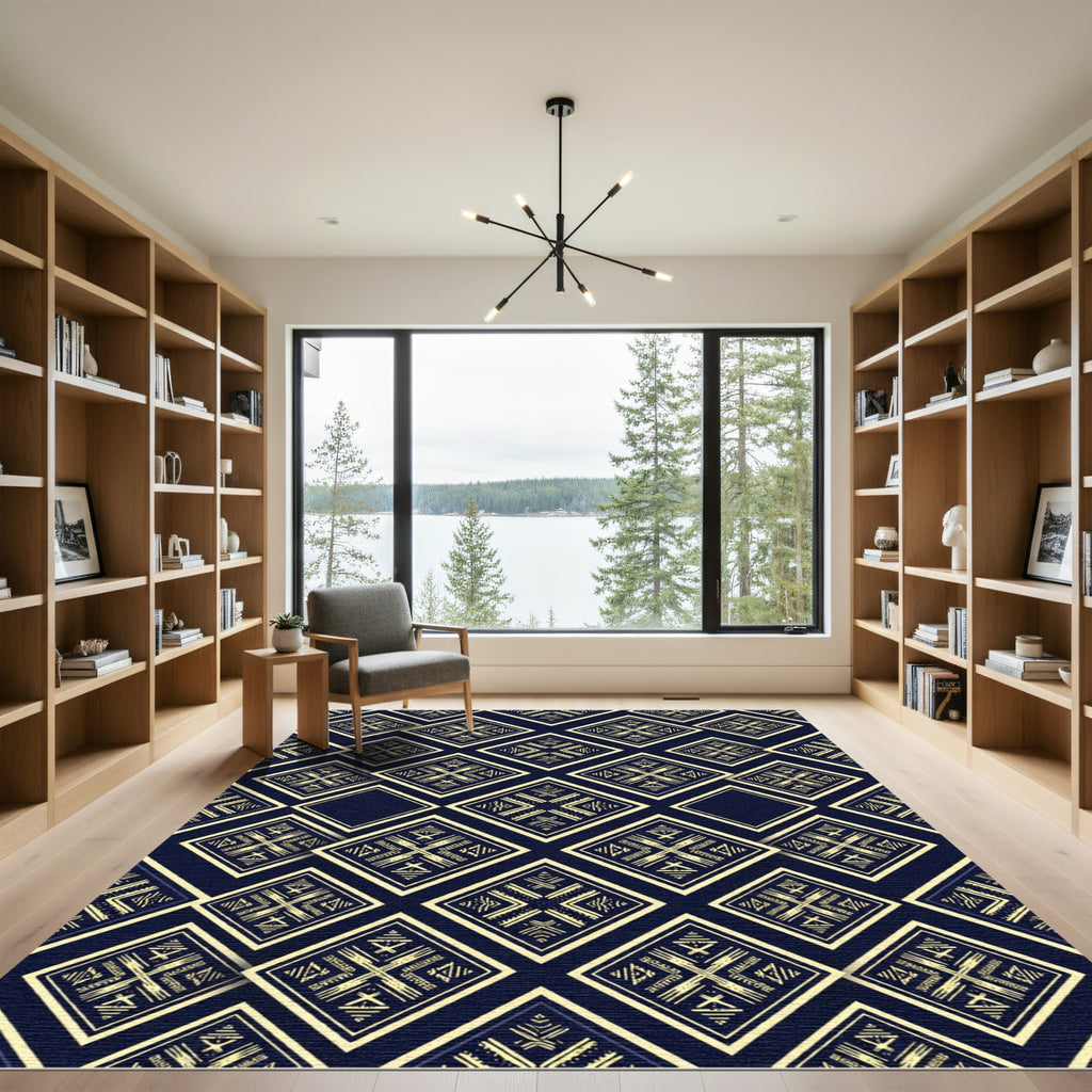 Golden Geometric Diamond Navy Tapestry Rug