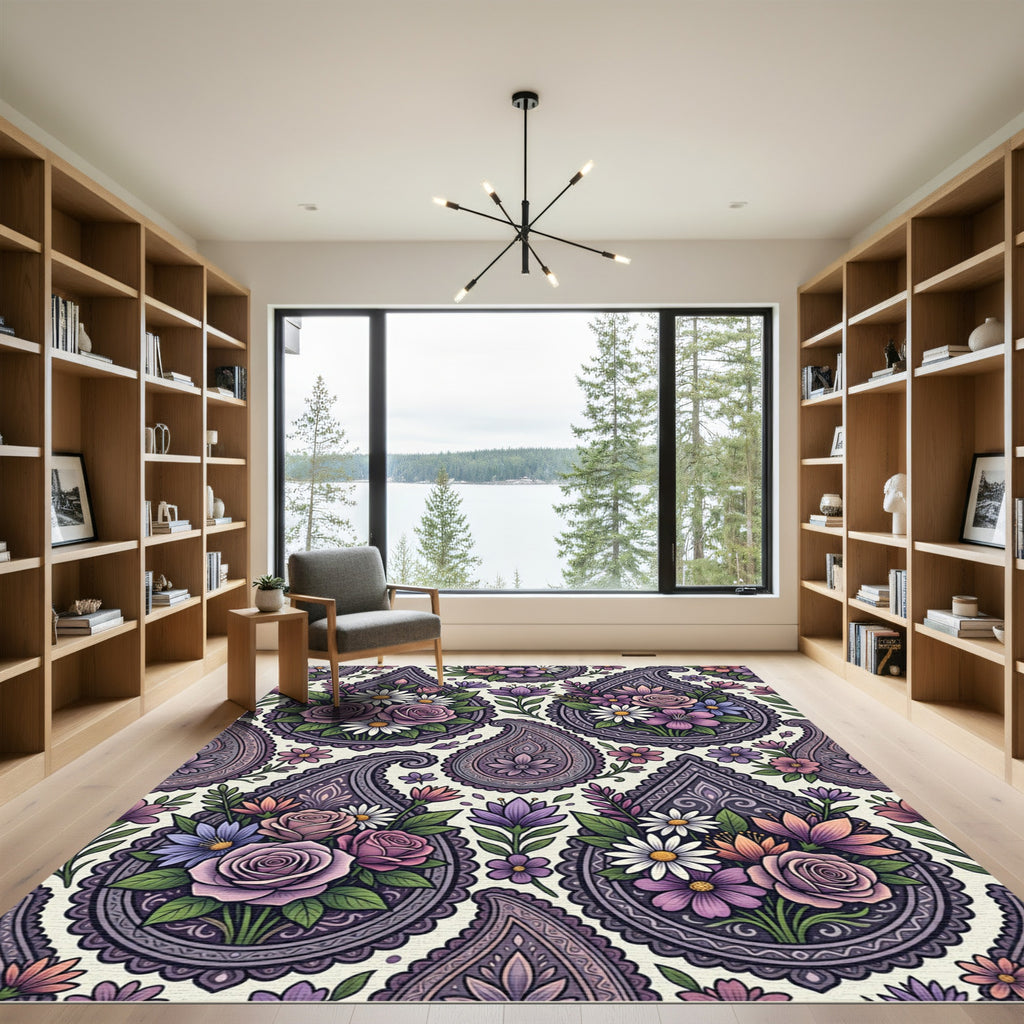 Elegant Lavender Floral Paisley Medallion Rug