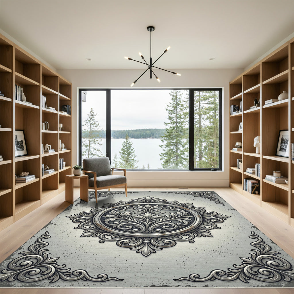 Elegant Silver Ornate Filigree Medallion Rug