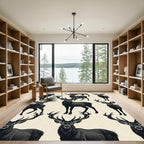 Regal Charcoal Stag Forest Illustration Rug