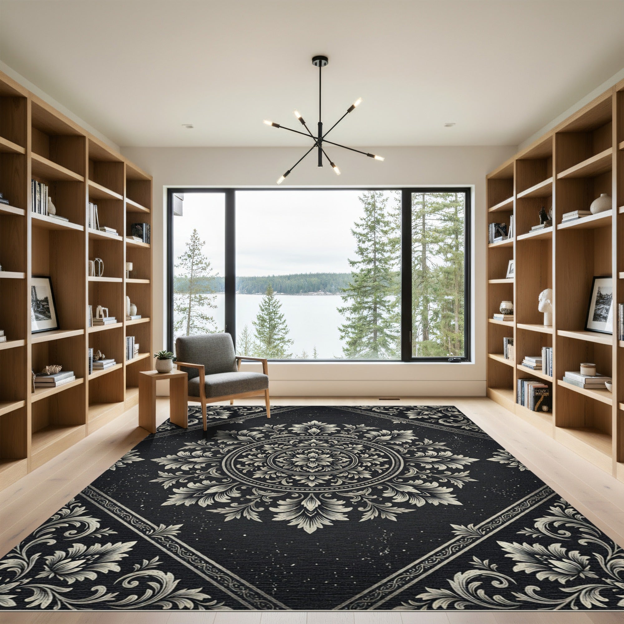 Ornate Black and White Floral Medallion Rug