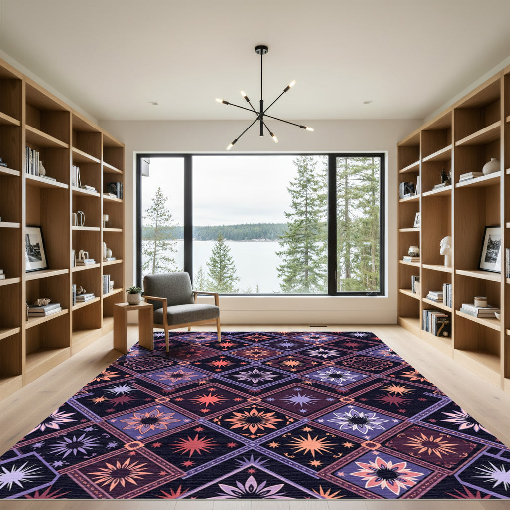 Crimson Teal Starburst Medallion Quilt Rug