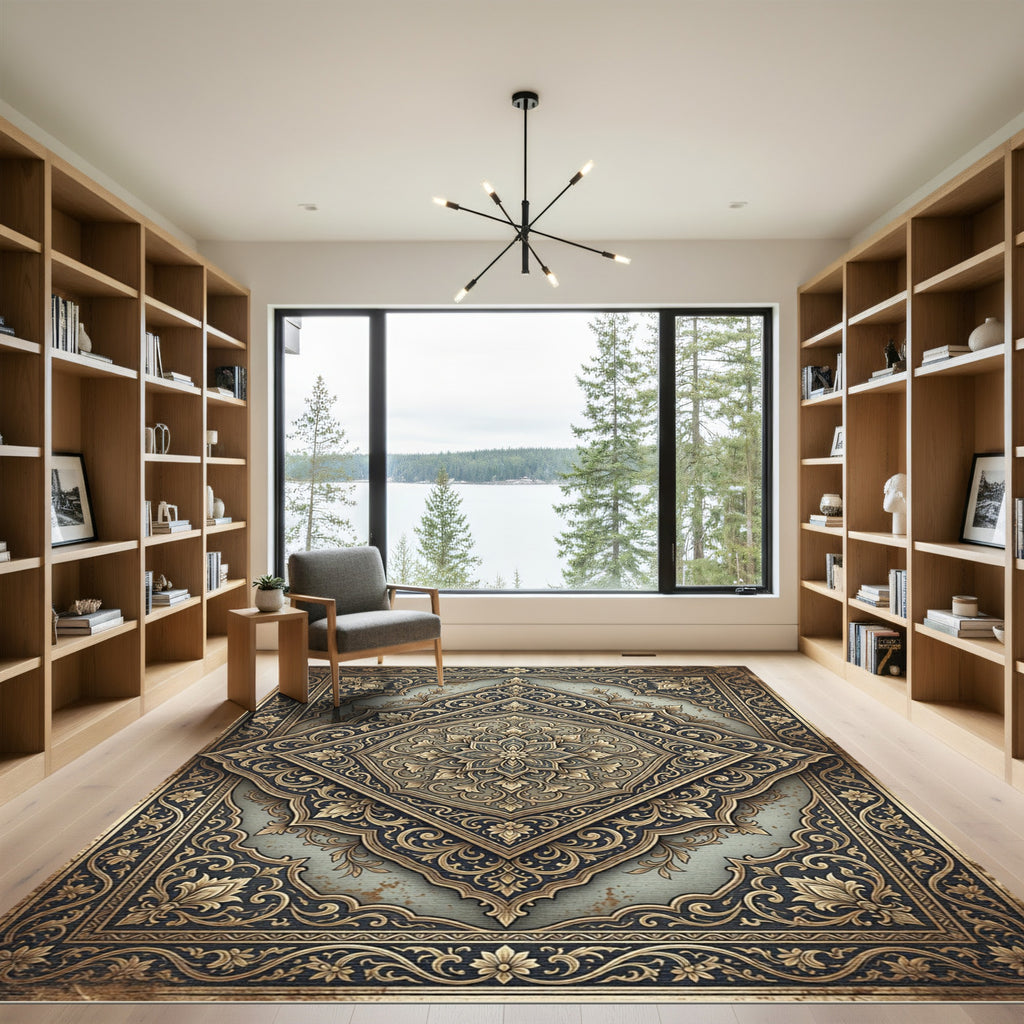Ornate Gold Navy Filigree Medallion Rug