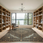 Ornate Gold Navy Filigree Medallion Rug