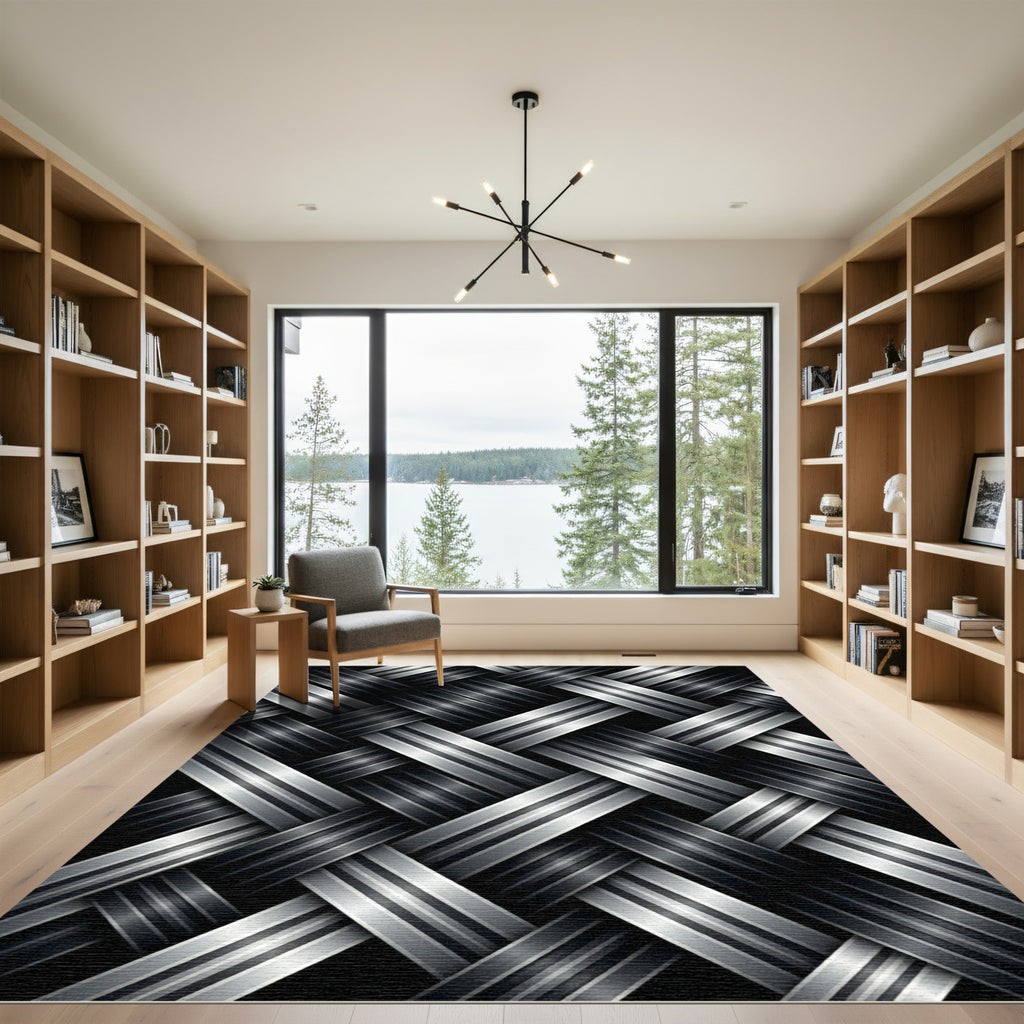 Modern Metallic Silver Woven Interlocking Texture Rug