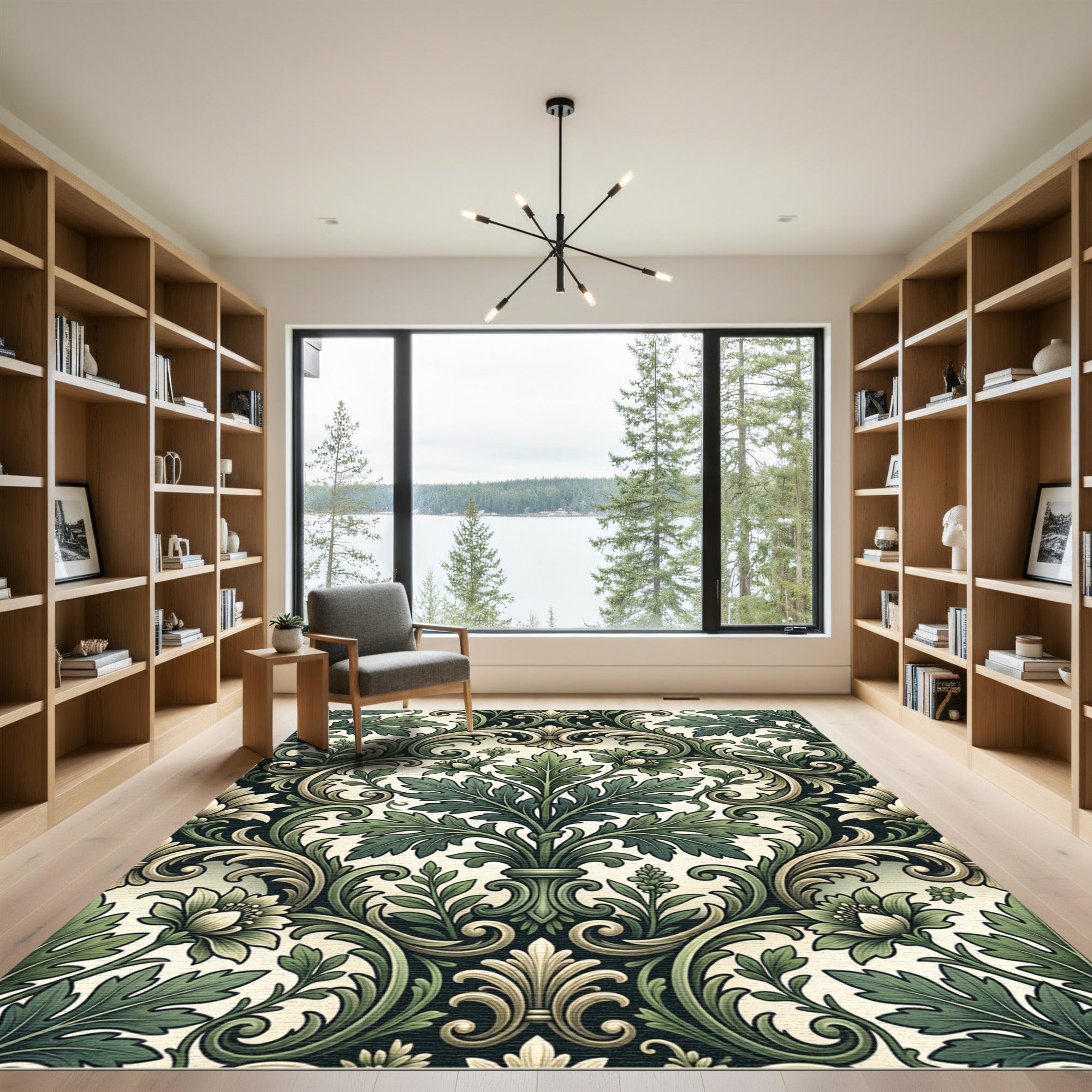Elegant Sage Damask Scroll Leaf Illustration Rug
