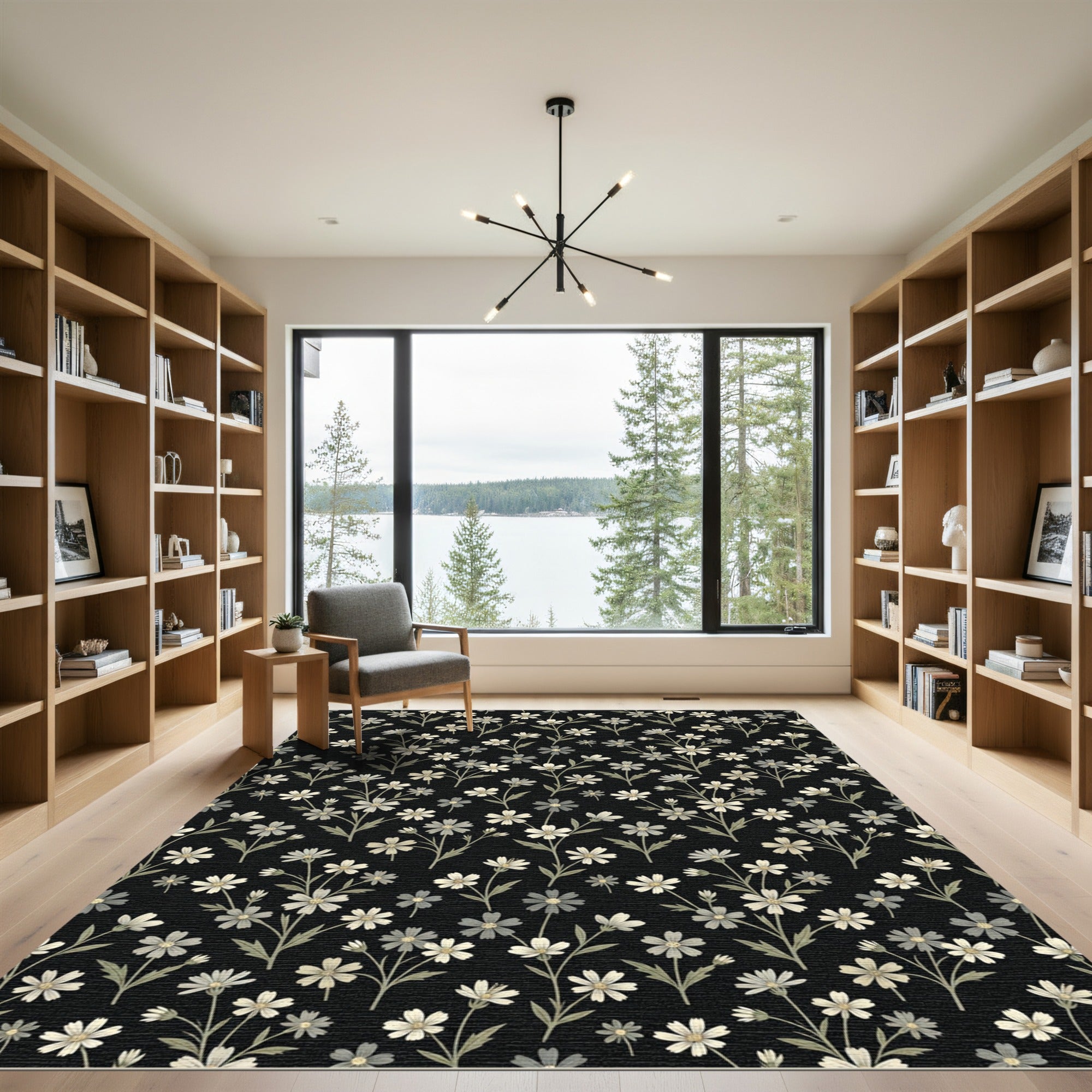 Delicate Black Floral Botanical Overlay Rug