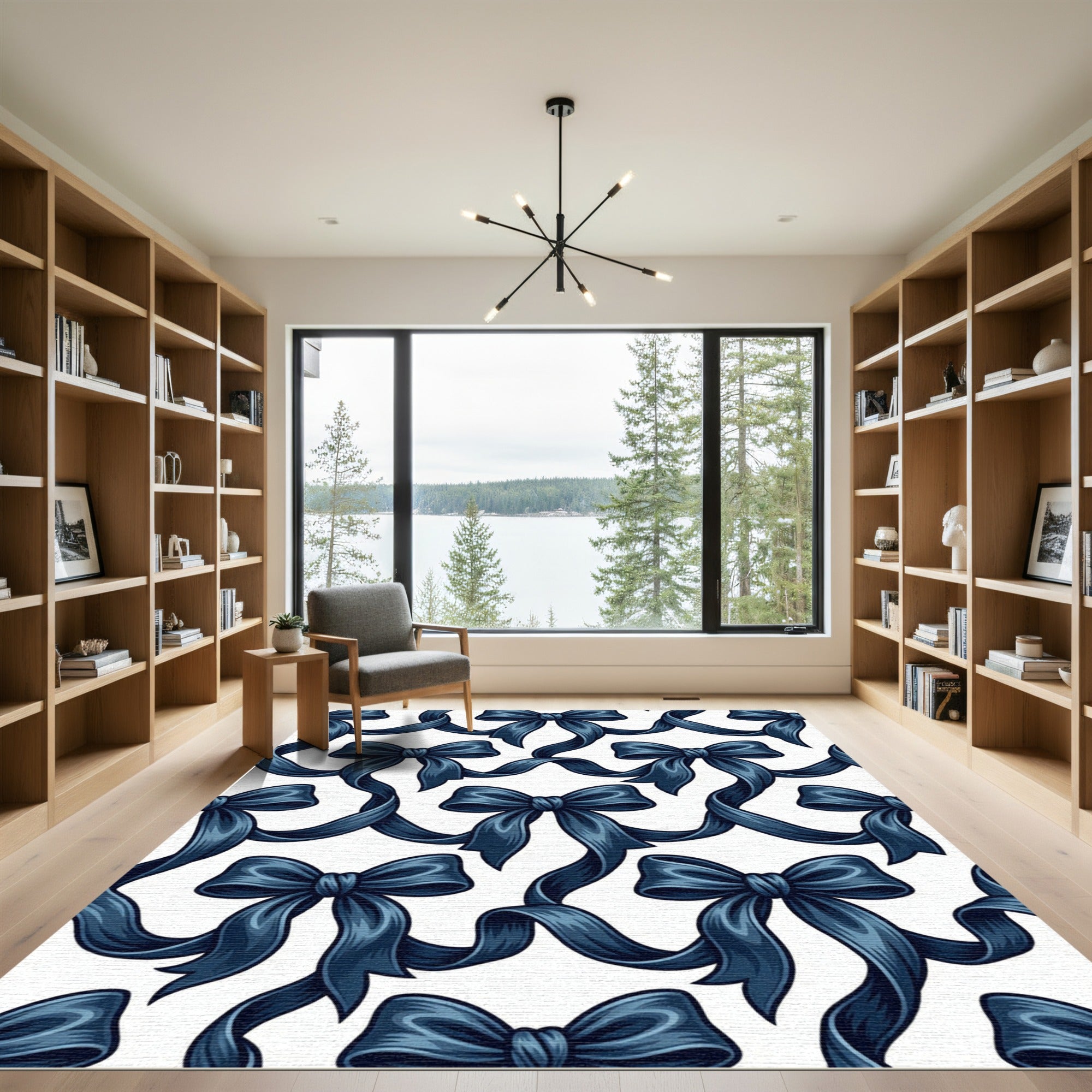 Elegant Navy Blue Satin Bow Garland Rug