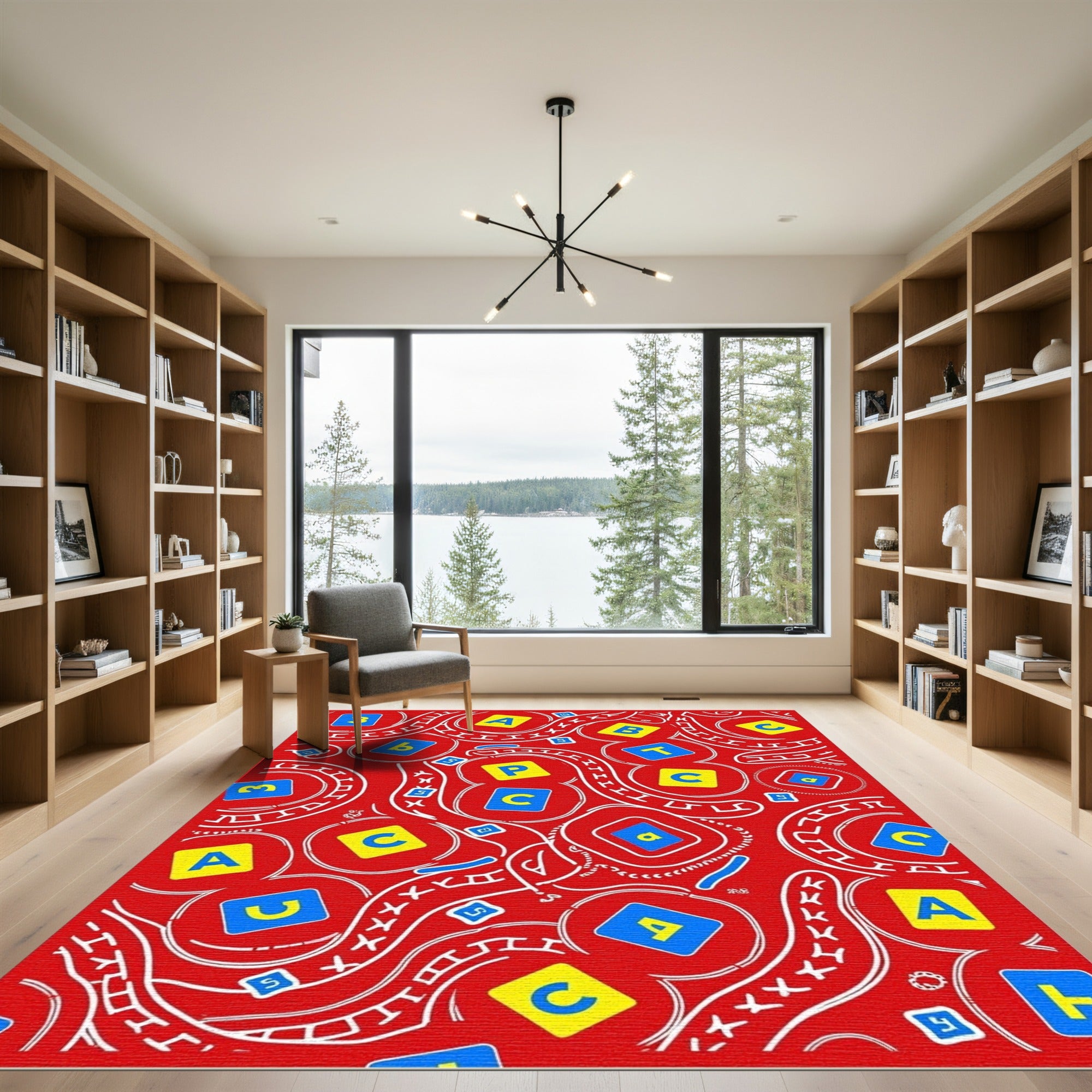 Red Alphabet Numbers Whirling Shapes Rug