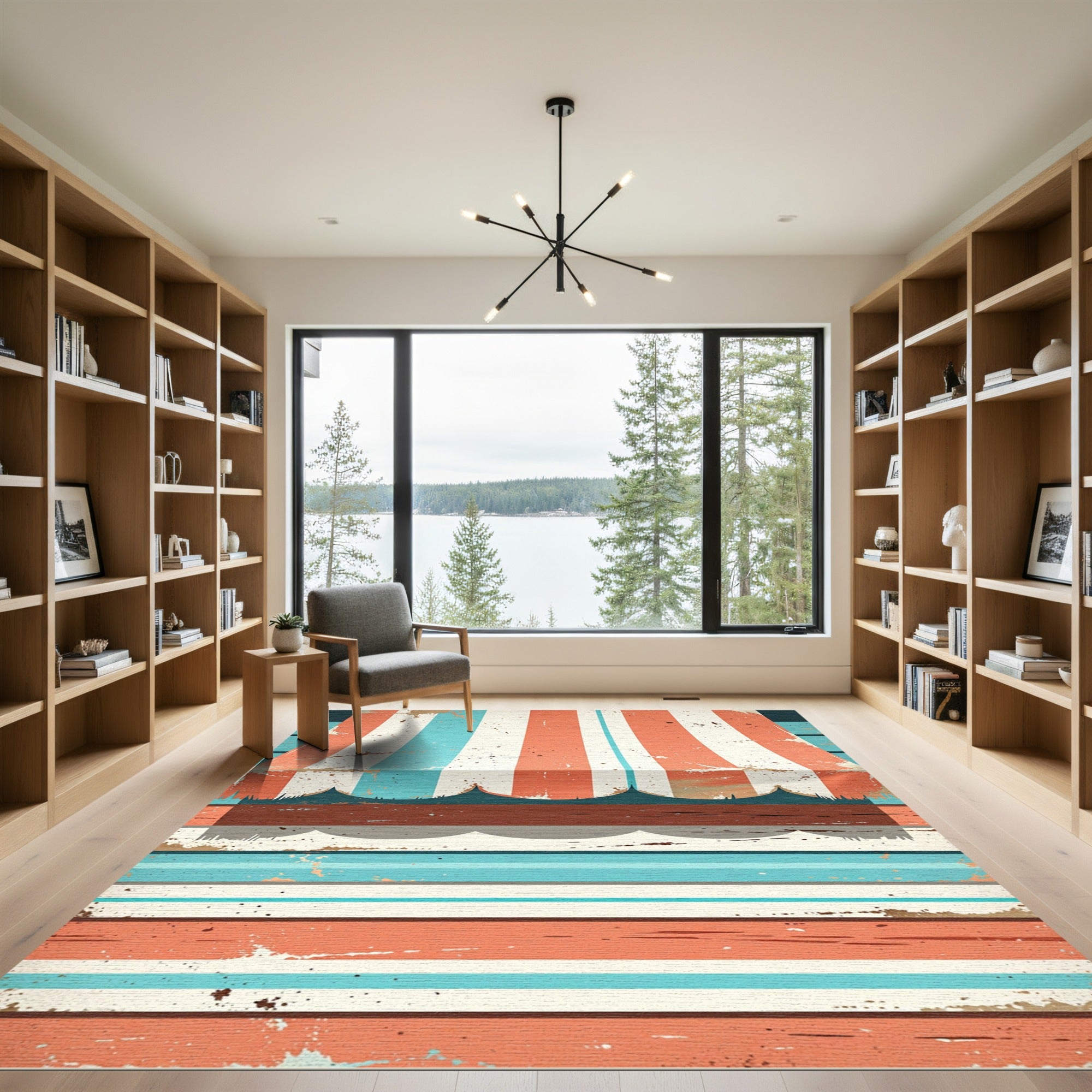 Vintage Distressed Coral and Teal Striped Awning Rug