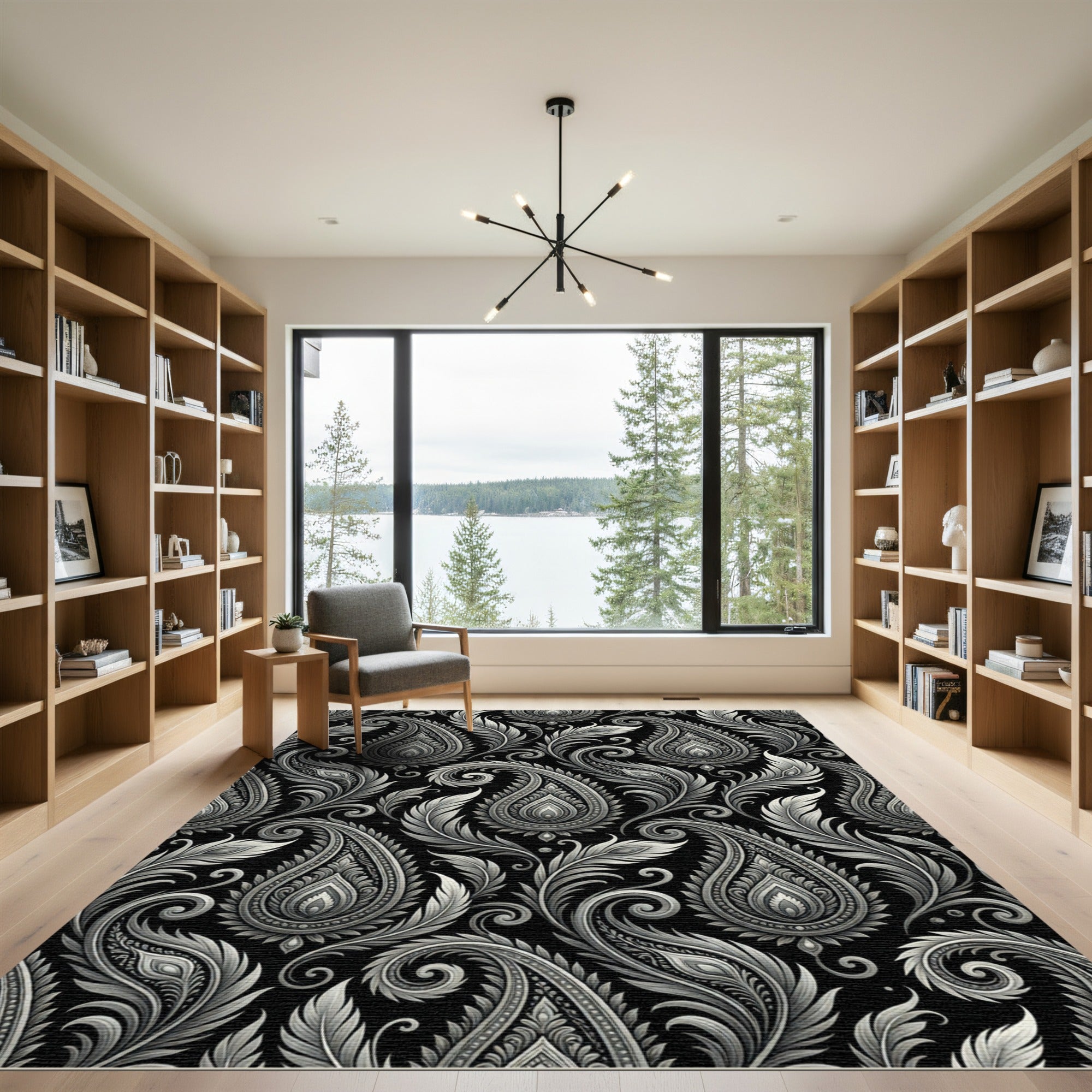 Monochrome Paisley Floral Swirls Rug