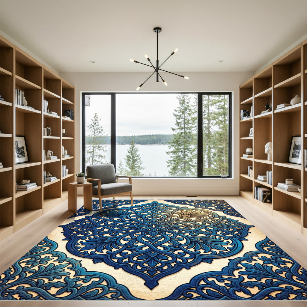 Ornate Cobalt Sapphire Floral Medallion Rug