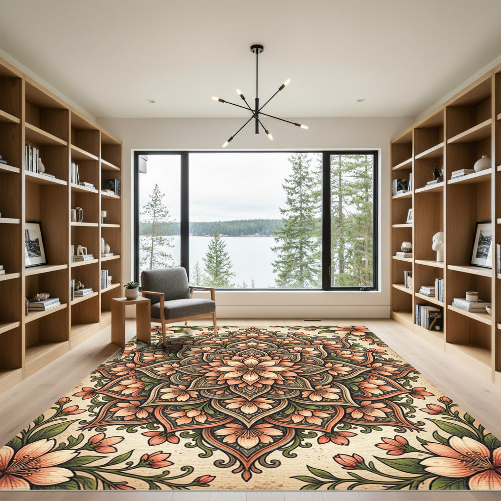Soft Peach Floral Medallion Garden Rug