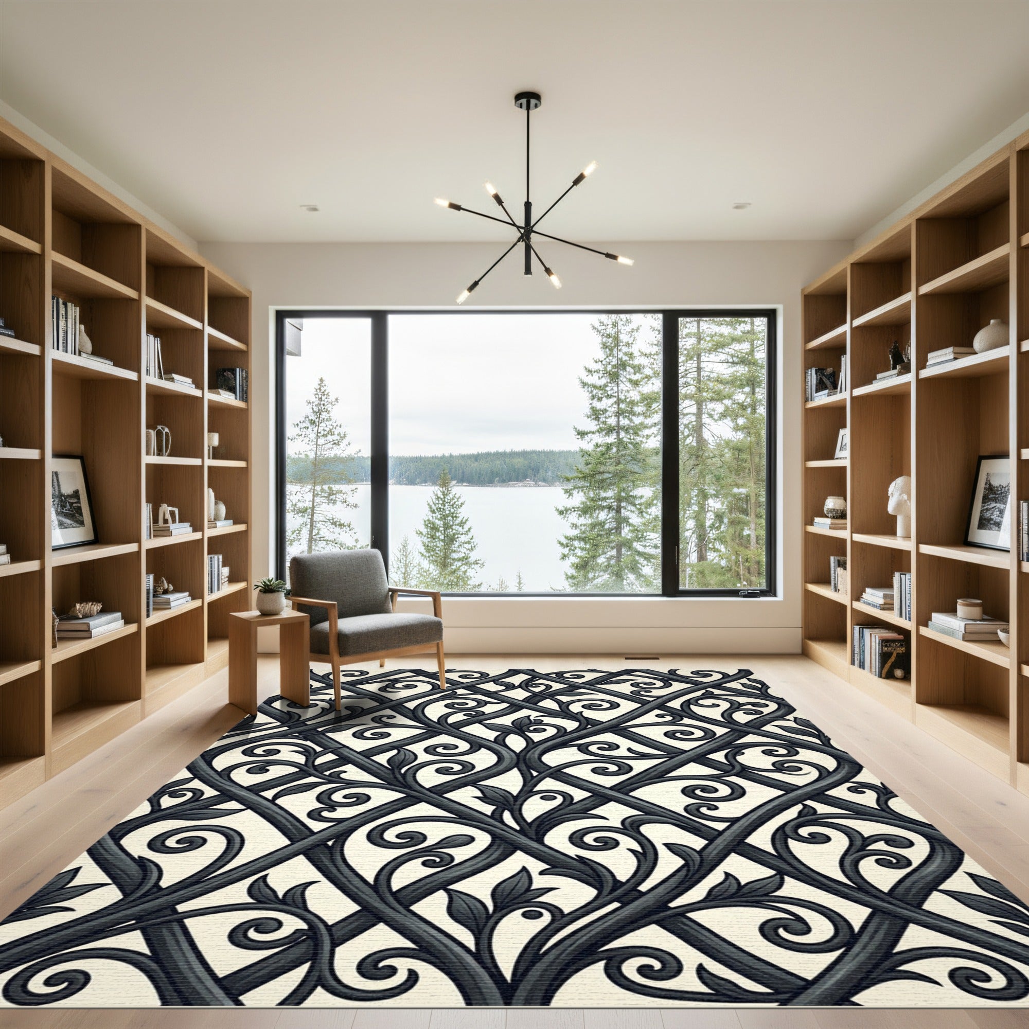 Ornate Black Vine Lattice Rug