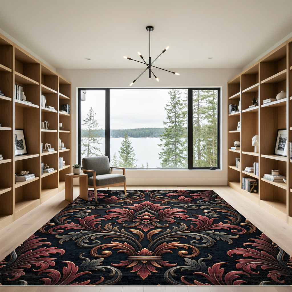 Ornate Crimson Gold Scrolls Damask Rug