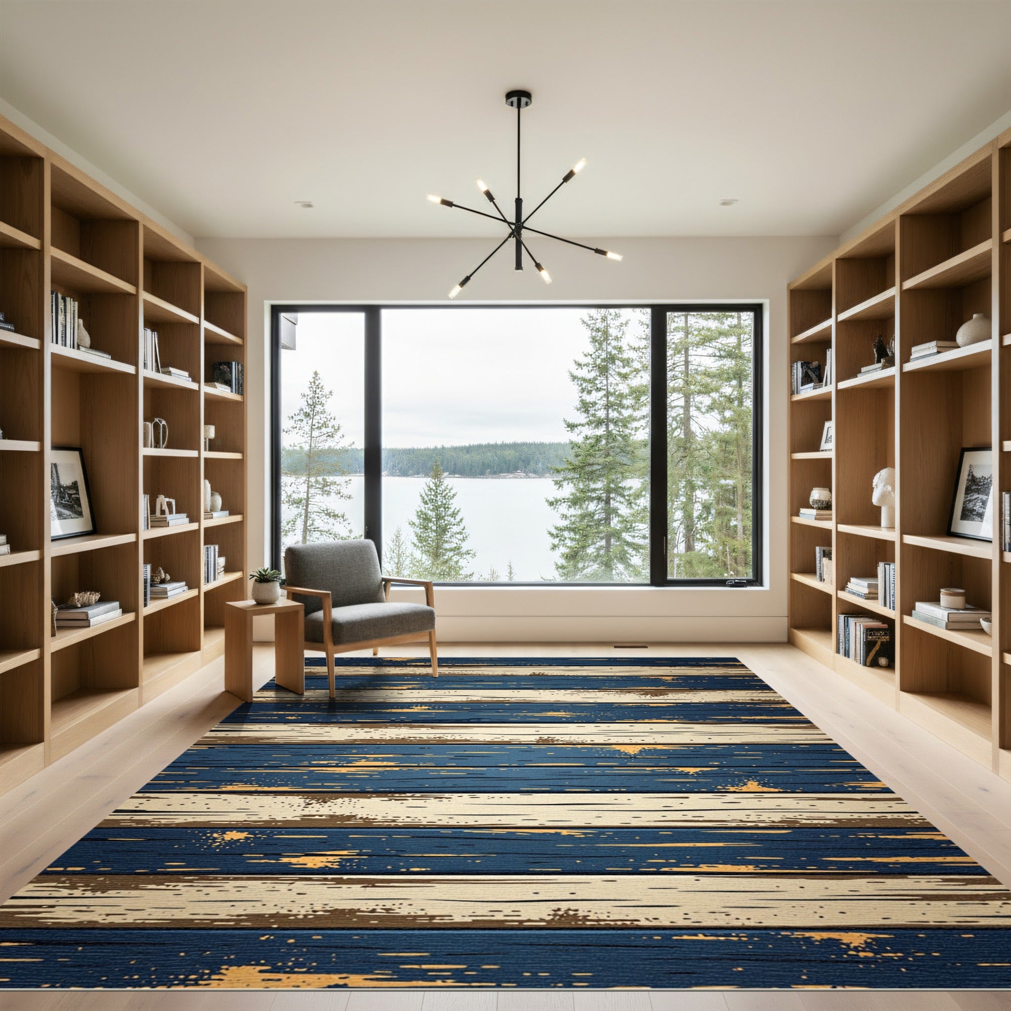 Distressed Navy and Cream Horizontal Planks Rug