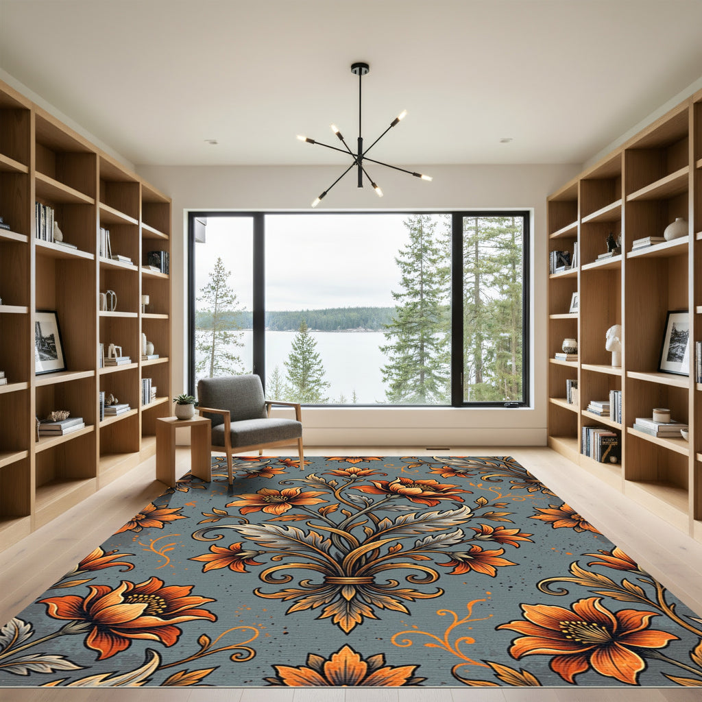 Golden Orange Floral Botanical Damask Rug