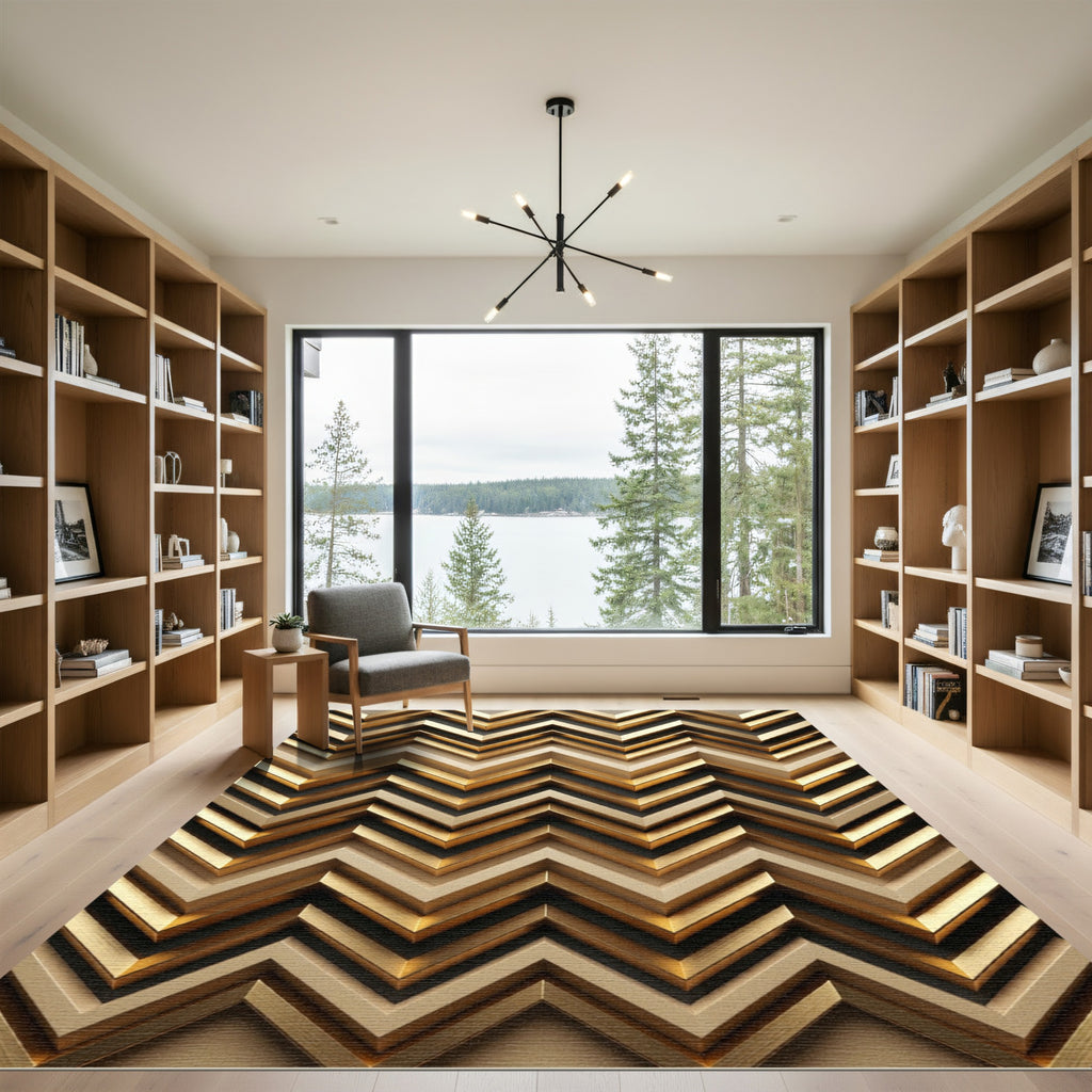 Metallic Gold Geometric Chevron Wave Rug