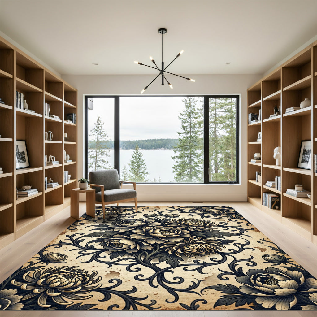 Antique Beige Floral Chrysanthemum Scroll Rug