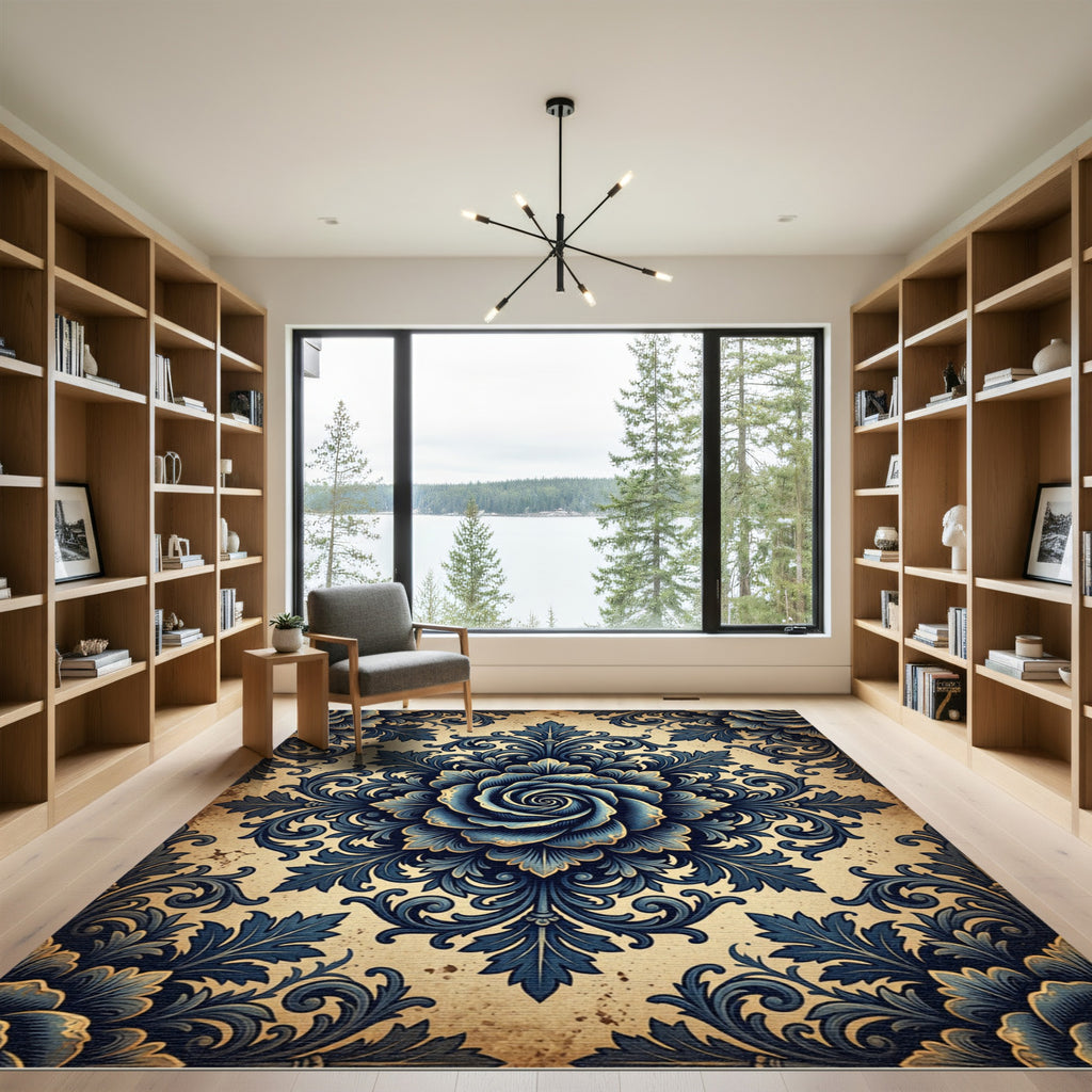 Ornate Navy Rose Damask Medallion Rug