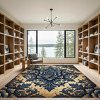 Ornate Navy Rose Damask Medallion Rug