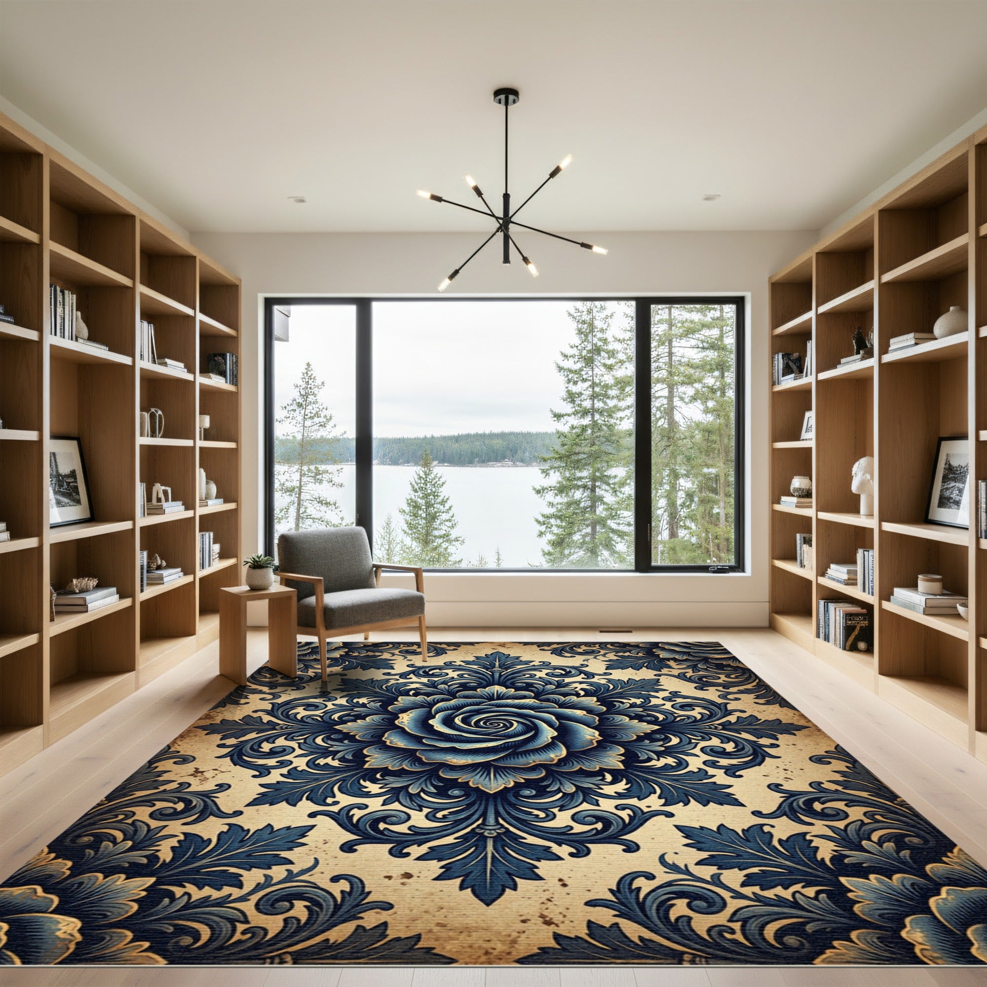 Ornate Navy Rose Damask Medallion Rug
