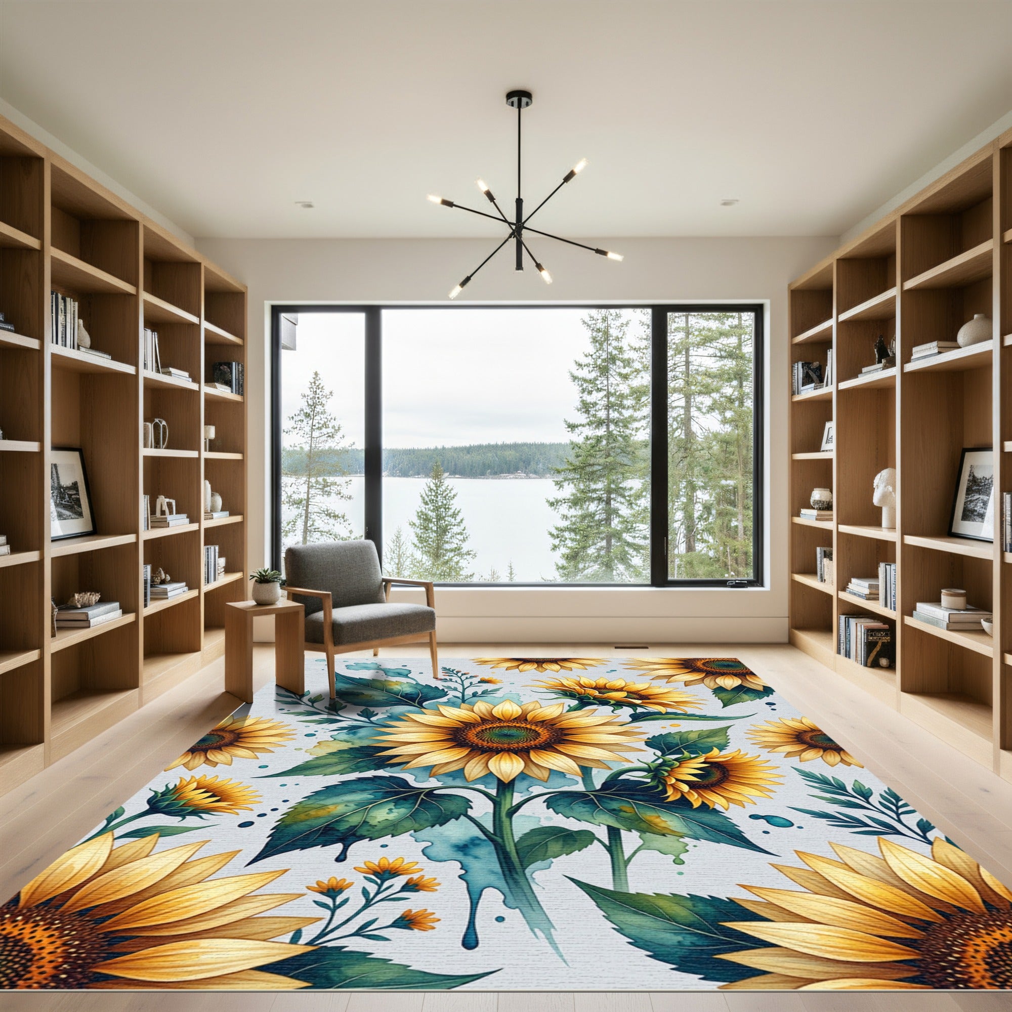 Watercolor Sunflower Botanical Garden Illustration Rug