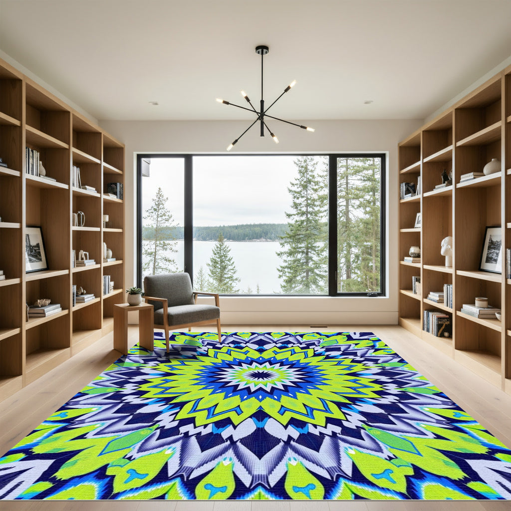 Vibrant Neon Feathered Mandala Rug