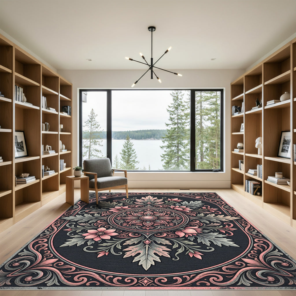 Ornate Pink Floral Medallion Dark Rug