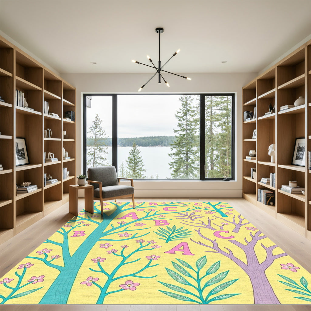 Whimsical Cherry Blossom Alphabet Trees Rug