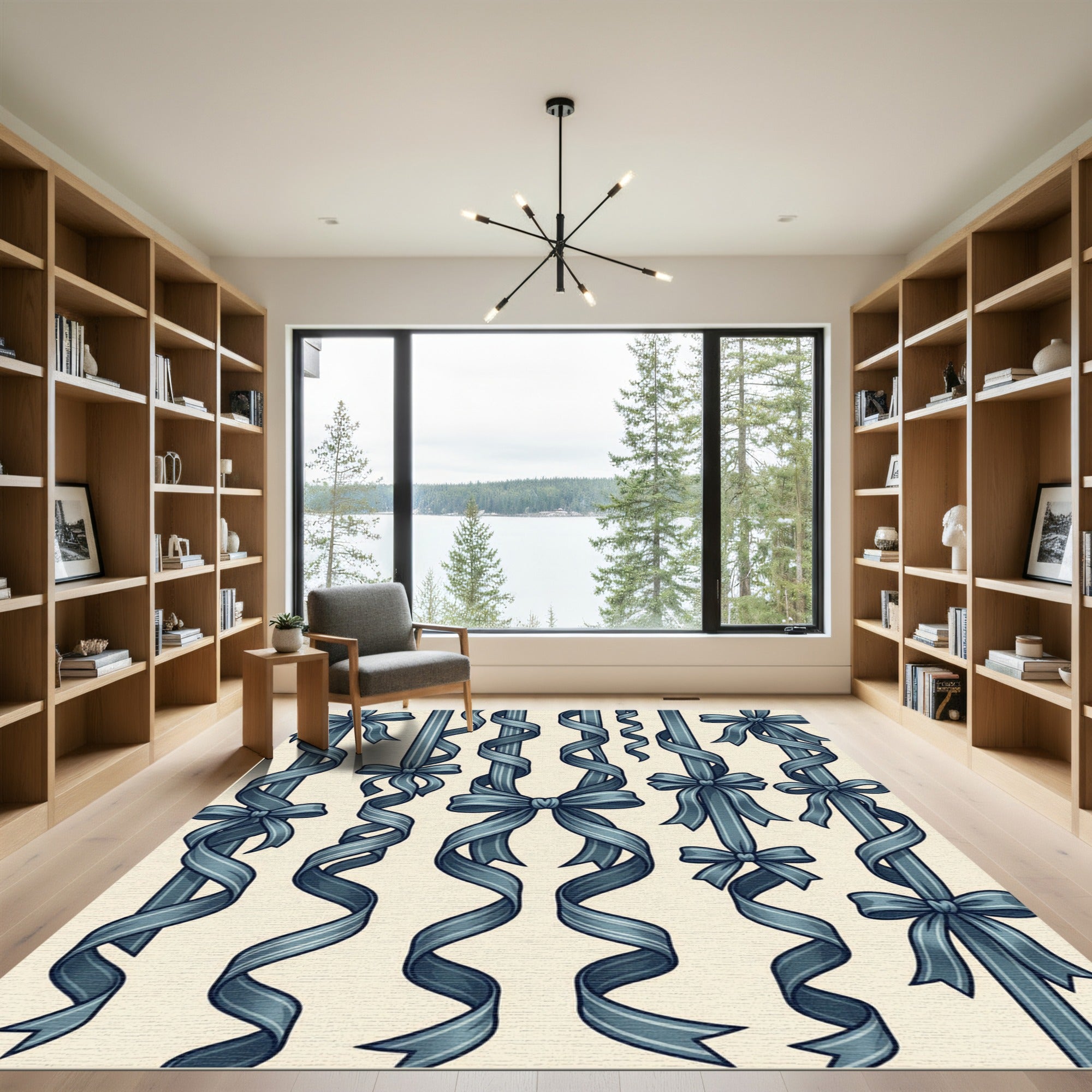 Elegant Blue Ribbon Bow Vertical Stripe Rug