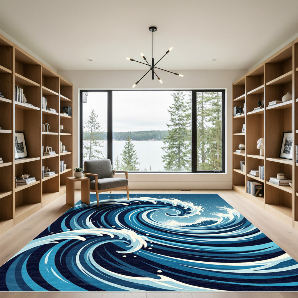 Deep Blue Swirling Ocean Wave Rug