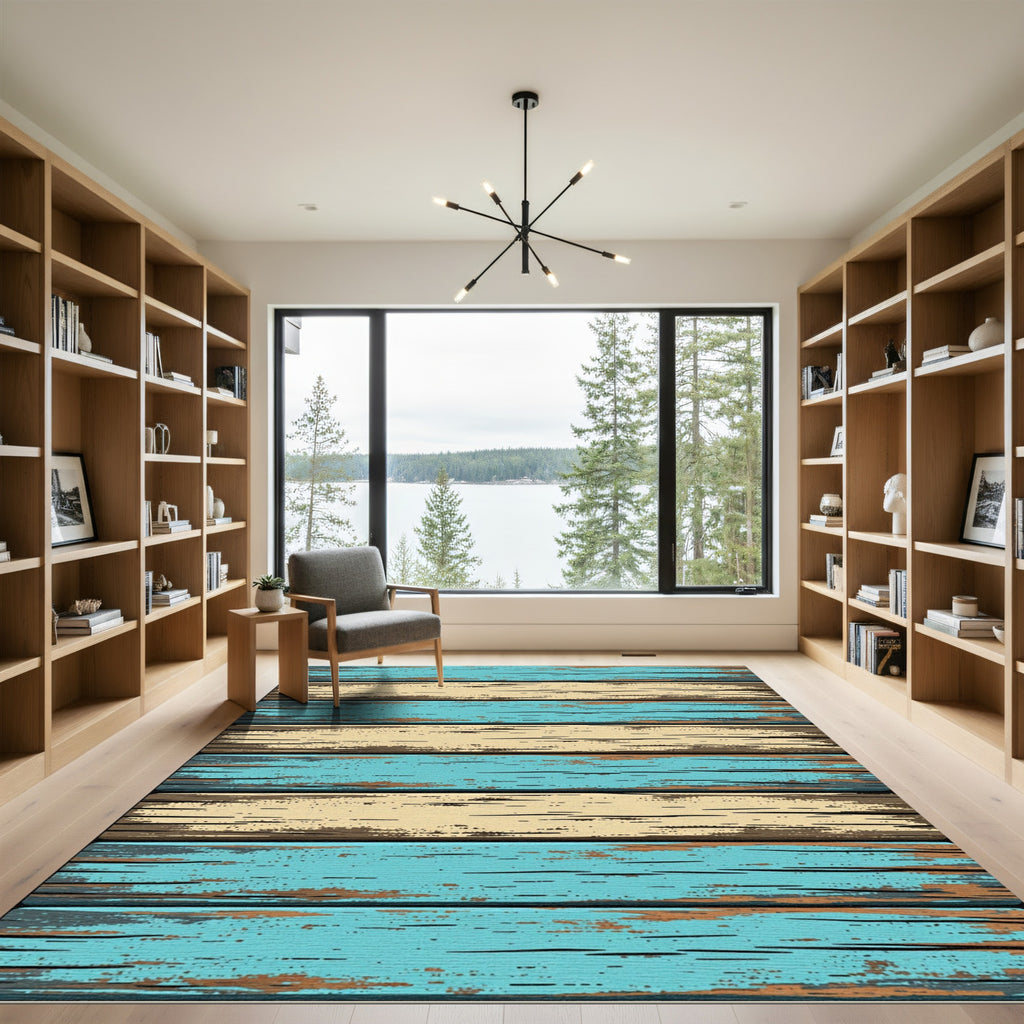 Distressed Coastal Blue Wood Plank Rug