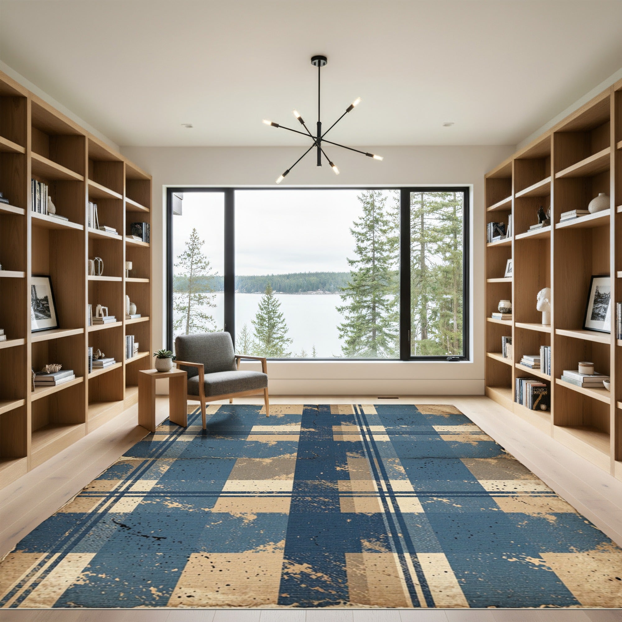Rustic Blue Beige Plaid Grunge Rug