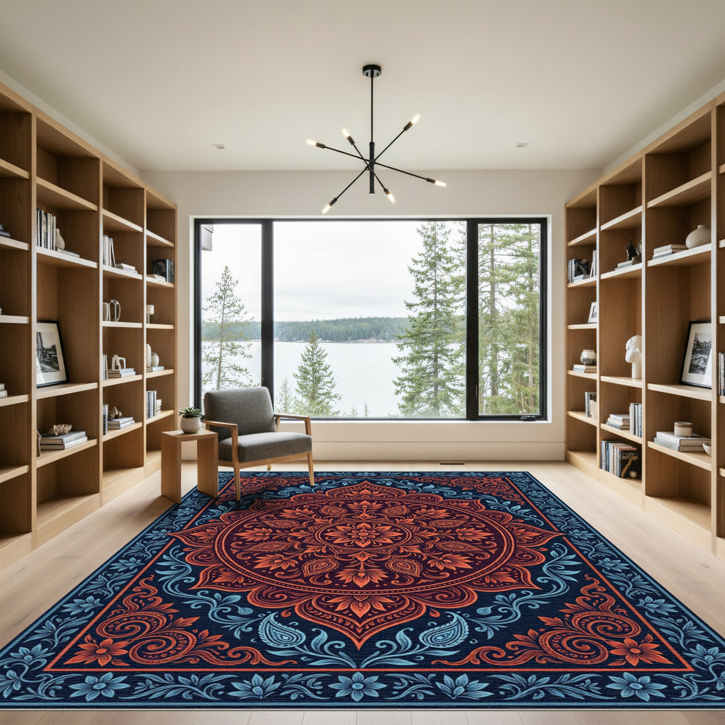 Crimson Blue Floral Medallion Border Rug
