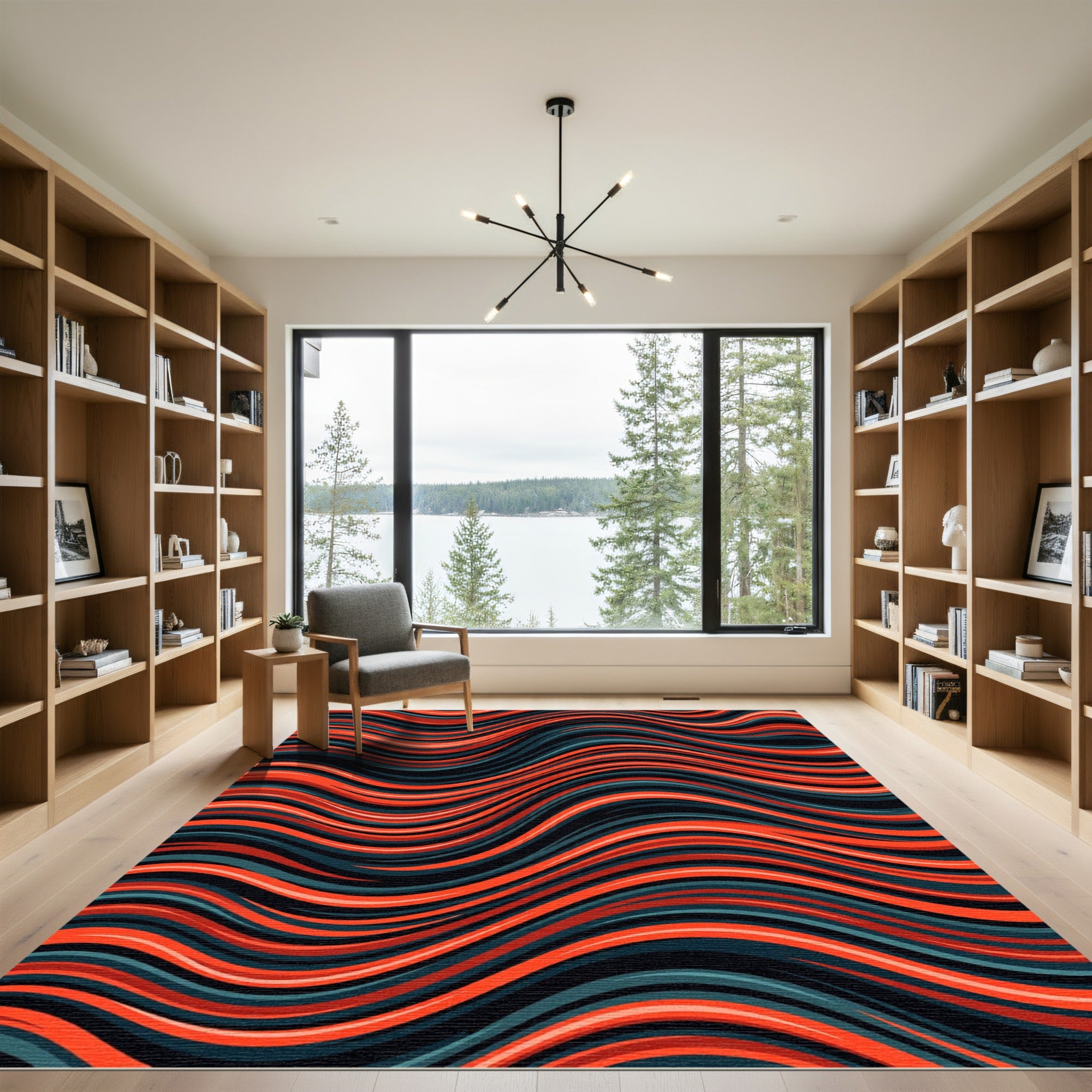 Modern Red and Teal Wavy Stripes Rug