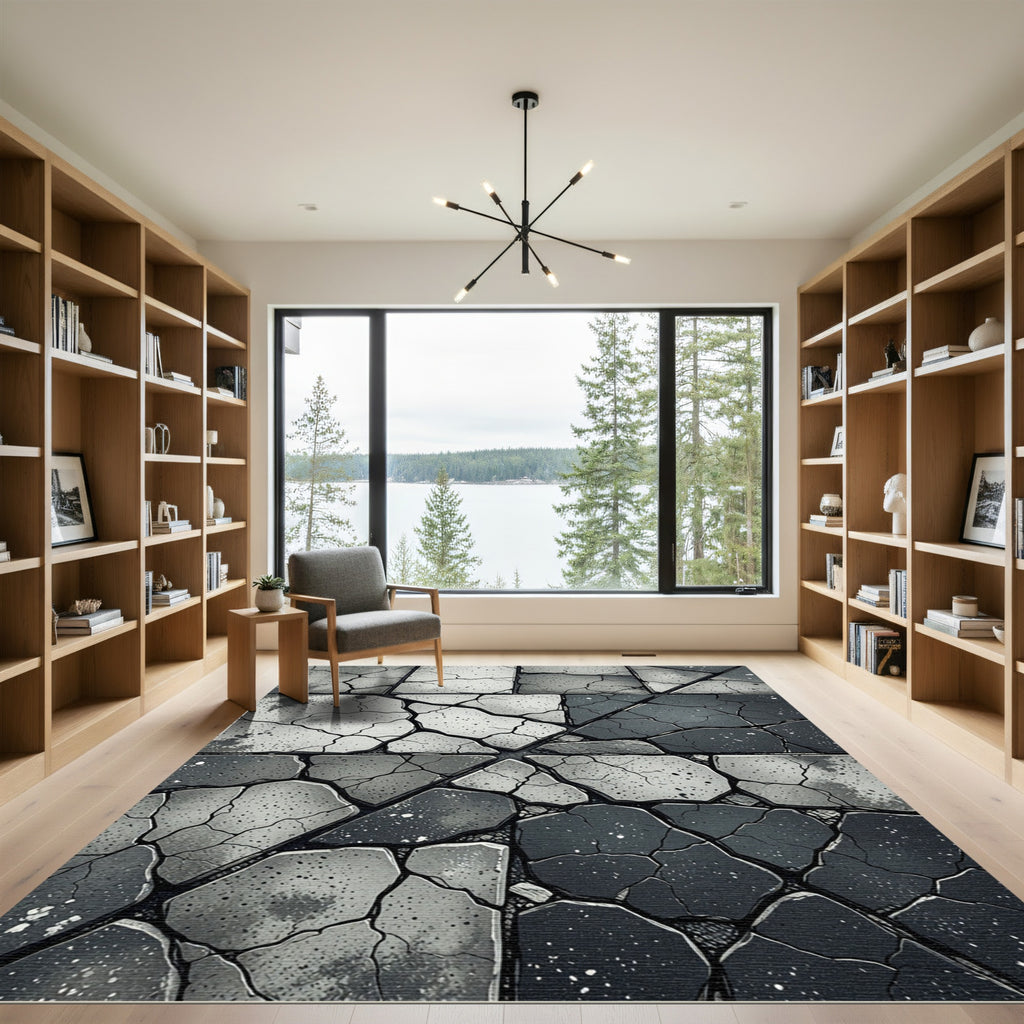 Monochromatic Cracked Stone Tile Rug