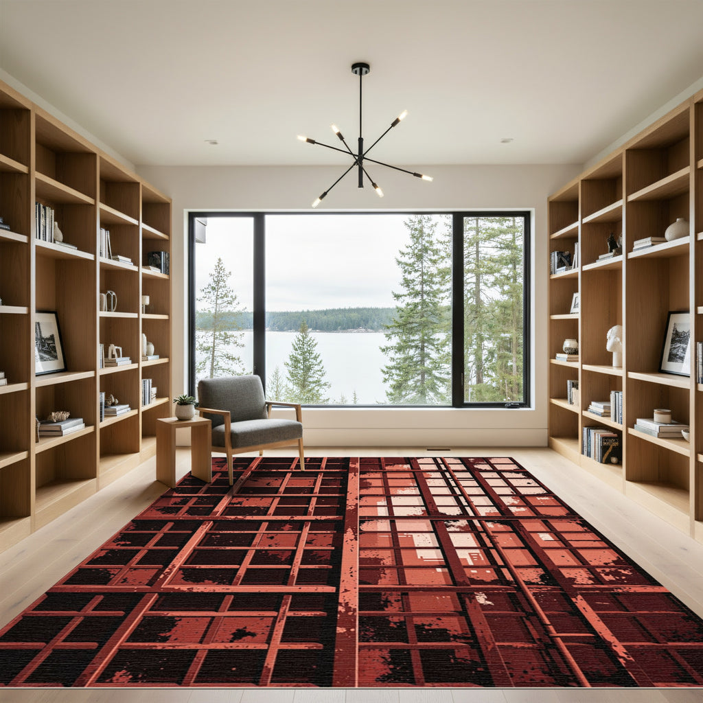 Rustic Crimson Grunge Window Grill Rug