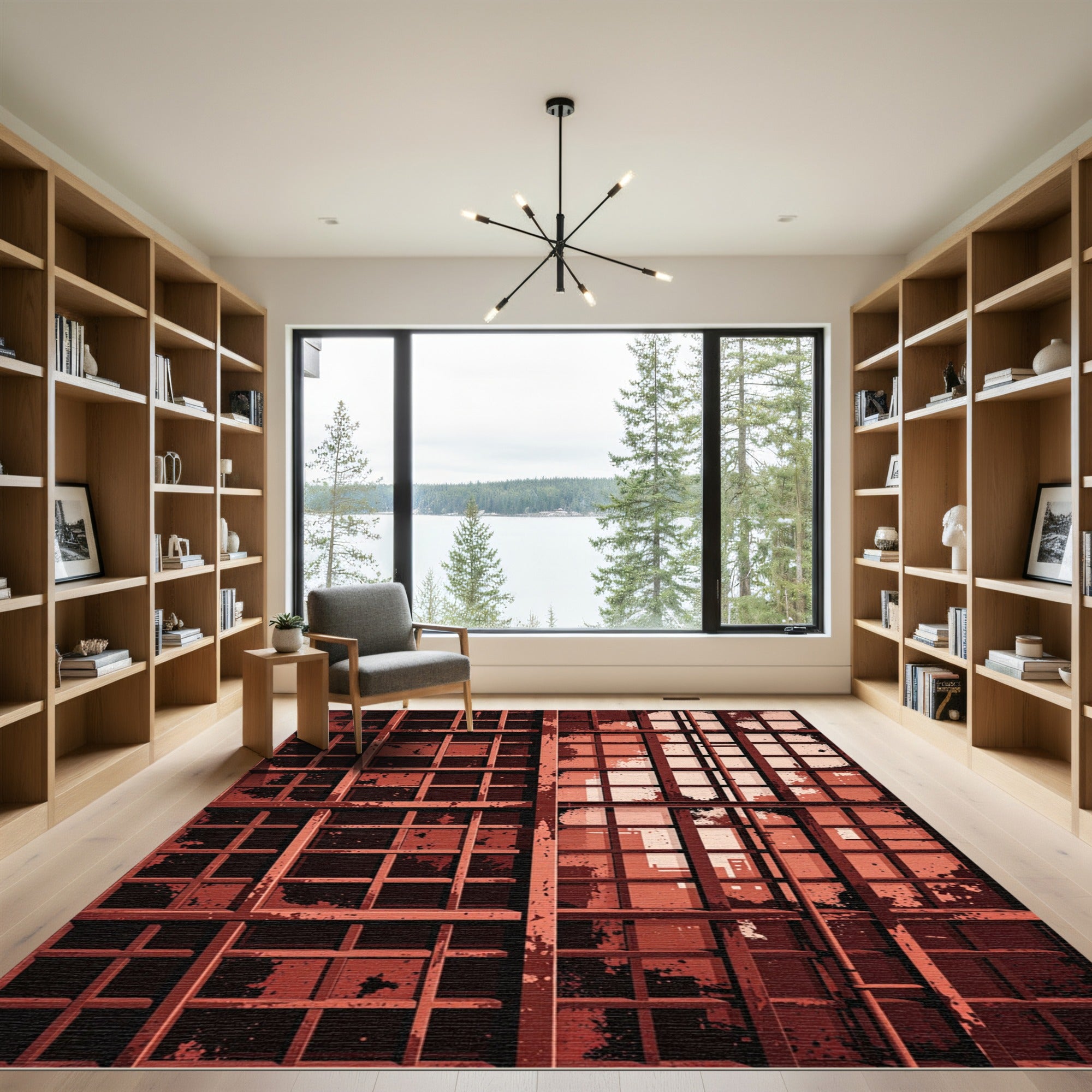 Rustic Crimson Grunge Window Grill Rug
