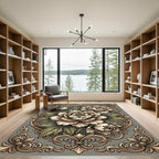 Elegant Gold Floral Peony Frame Rug