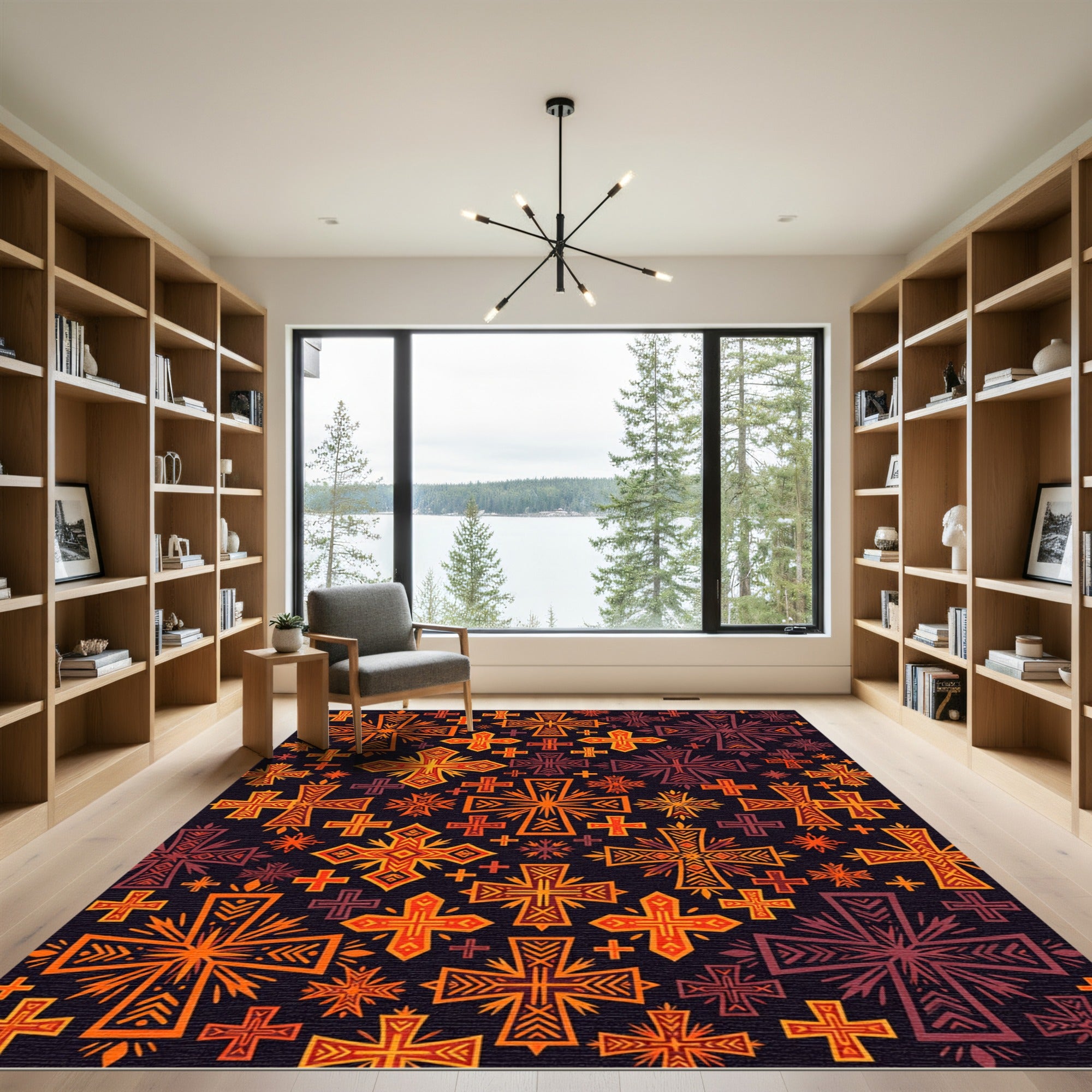 Fiery Orange Geometric Cross Tapestry Rug
