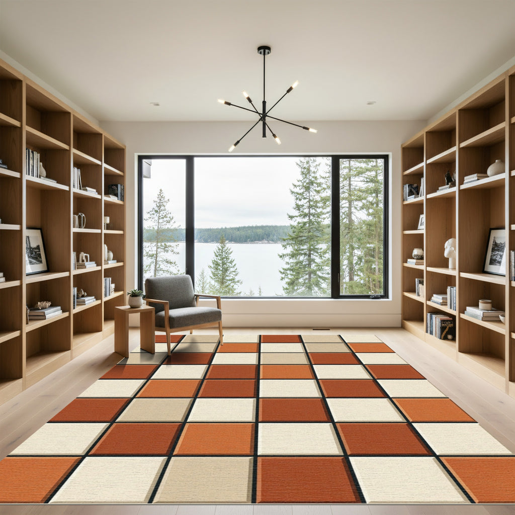 Modern Terracotta Checkered Geometric Grid Area Rug