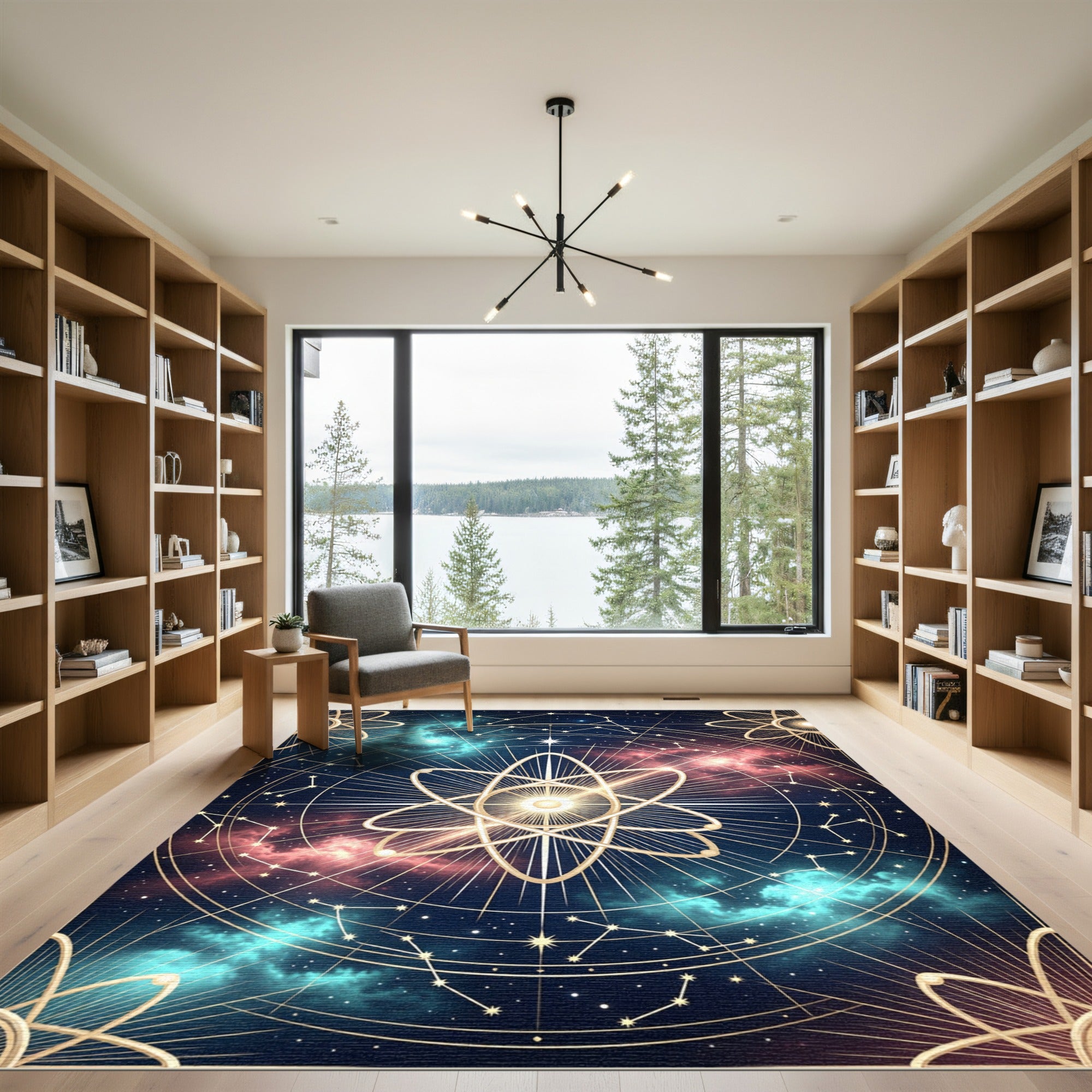 Celestial Nebula Golden Atom Galaxy Rug