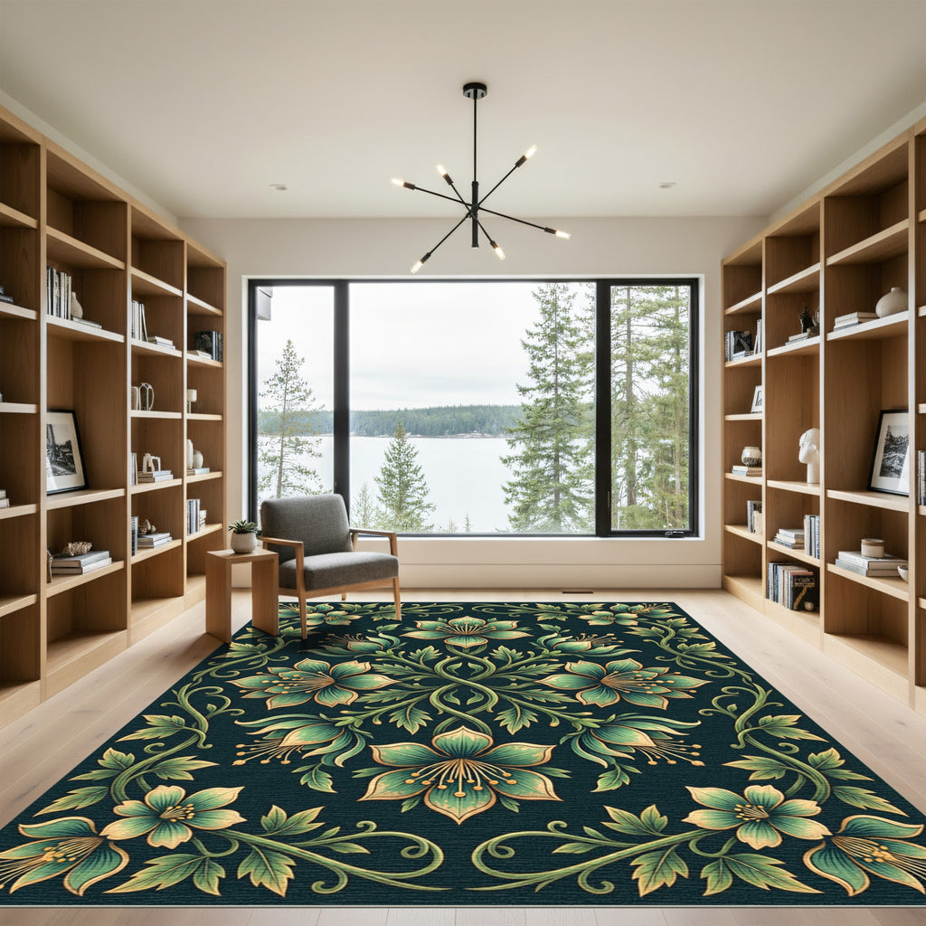 Emerald Botanical Floral Symmetry Art Rug