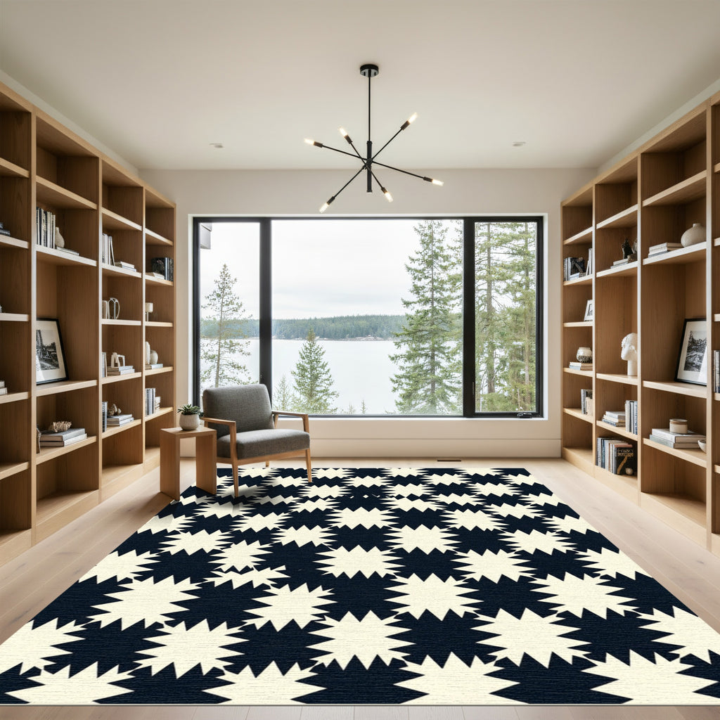 Ivory Black Starburst Checkerboard Rug