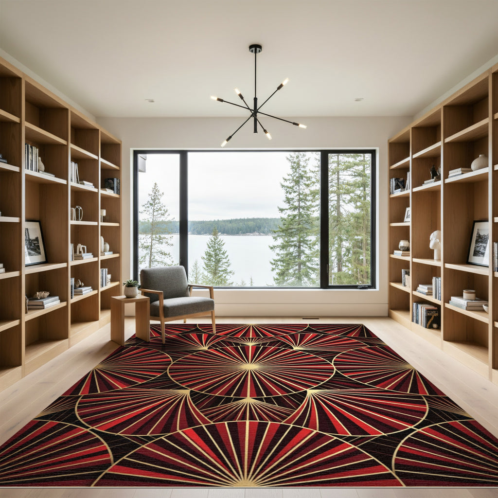 Crimson Gold Sunburst Fan Arrangement Rug