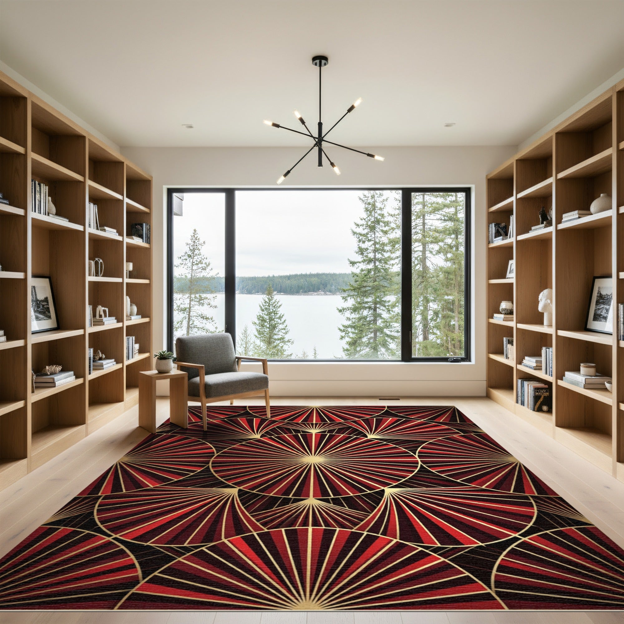 Crimson Gold Sunburst Fan Arrangement Rug