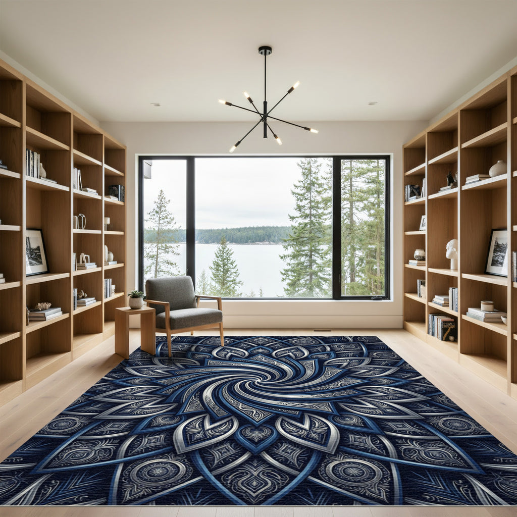 Midnight Blue Silver Floral Swirl Rug